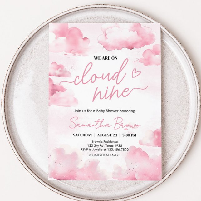 Convite Rosa no Chá de fraldas Nine da Nuvem (Cloud Nine Baby Shower Party Invitation)