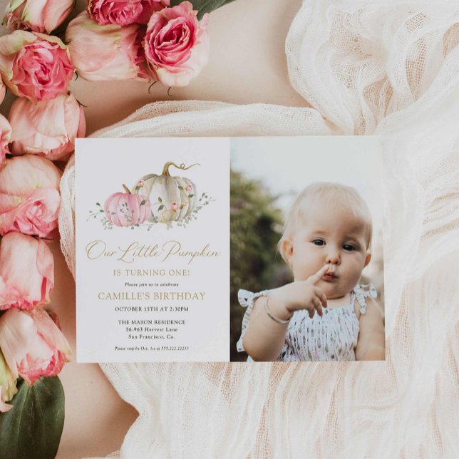 Convite Rosa Nossa Pequena Foto Do primeiro aniversario De (Our little pumpkin first birthday photo invitation)