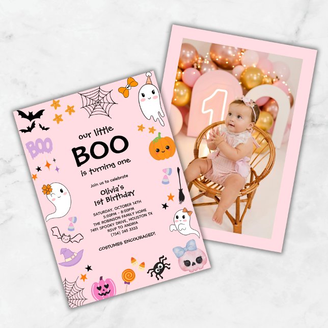 Convite Rosa Nosso Pequeno primeiro aniversario de Foto do (Pink Our Little Boo Photo Halloween 1st Birthday Invitation )