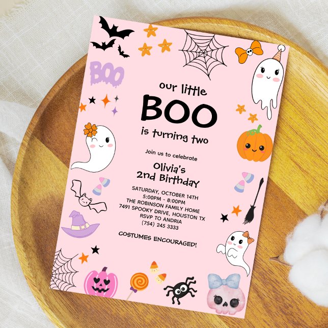 Convite Rosa Nosso Pequeno segundo aniversário de Hallowee (Pink Our Little Boo Cute Ghost Halloween 2nd Birthday Invitation )