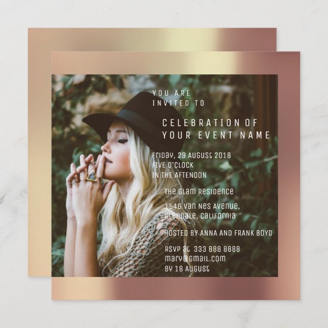 Convite Rosa nupcial do cobre da festa de formatura de (Frente/Verso)