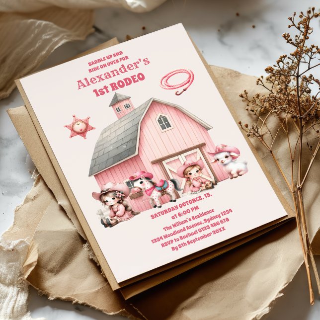Convite Rosa Ocidental Primeiro Aniversário Rapariga Rodeo (Criador carregado)