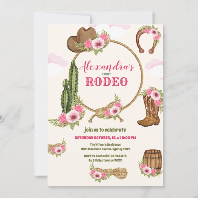 Convite Rosa Ocidental Primeiro Aniversário Rapariga Rodeo (Frente)