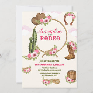 Convite Rosa Ocidental Primeiro Aniversário Rapariga Rodeo