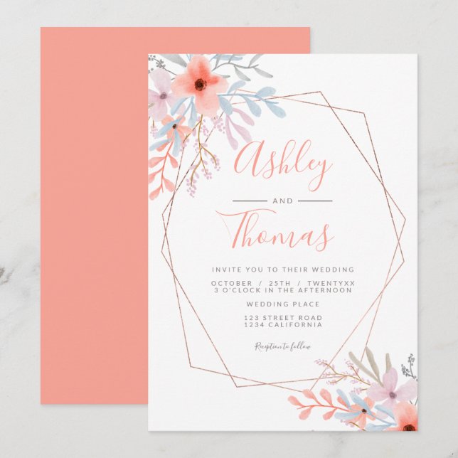 Convite Rosa ouro armado coral floral casado (Frente/Verso)