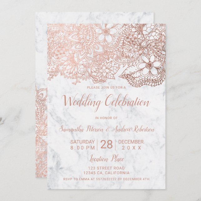 Convite Rosa ouro branco mármore floral casamento (Frente/Verso)