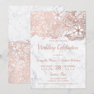 Convite Rosa ouro branco mármore floral casamento