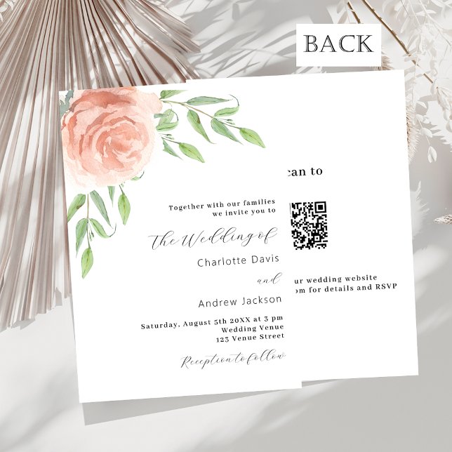 Convite Rosa ouro floral verde código QR casamento RSVP (Criador carregado)