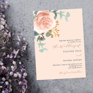 Convite Rosa ouro floral verde pêssego casamento