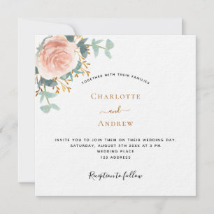 Convite Rosa ouro floral verde QR RSVP casamento de luxo