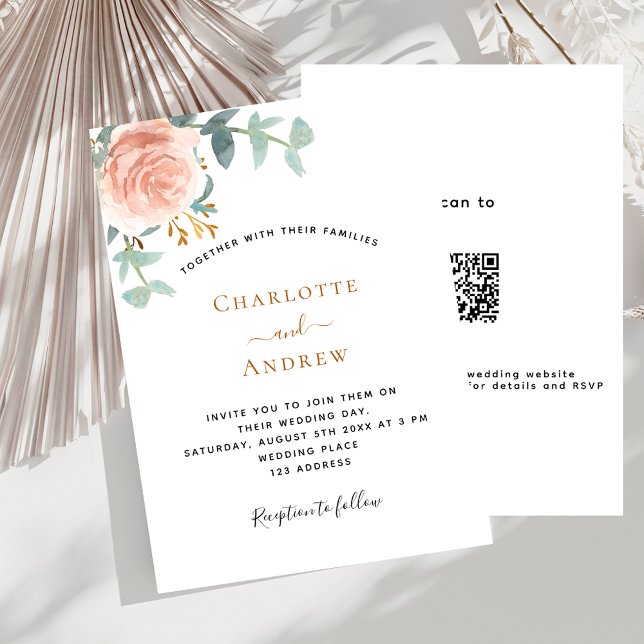 Convite Rosa ouro floral verde QR RSVP casamento de luxo (Criador carregado)