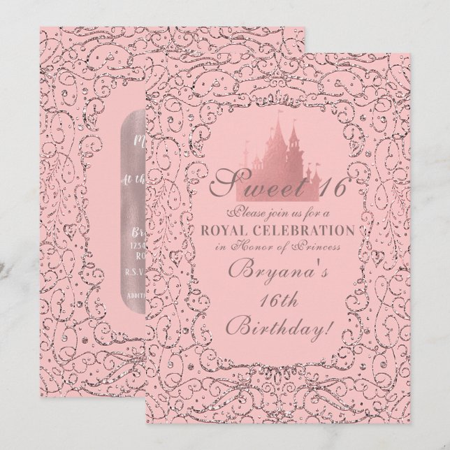 Convite Rosa Ouro Real Castelo Princesa Doce 16 (Frente/Verso)