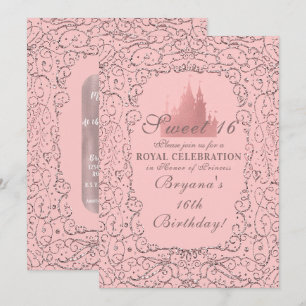 Convite Rosa Ouro Real Castelo Princesa Doce 16