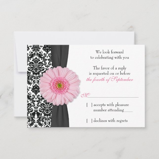 Convite Rosa Pálido Gerber Daisy Damask Resposta RSVP Casa (Frente)