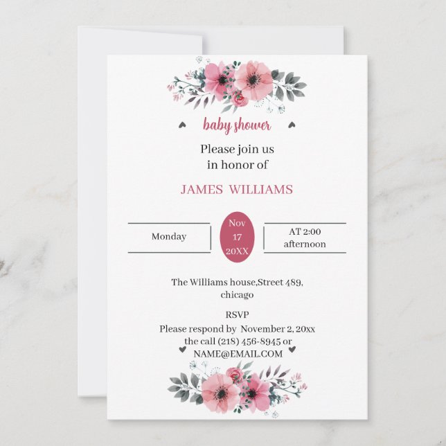 Convite Rosa para Flores Elegantes Chá de fraldas Personal (Frente)