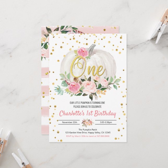 Convite rosa para primeiro aniversario de moça de  (Frente/Verso In Situ)