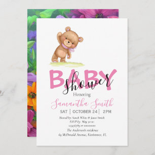 Convite Rosa para Ursinho de Flores