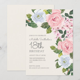 Convite Rosa Pastel Branco Floral Aniversário de 18 anos d