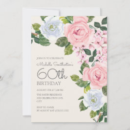 Convite Rosa Pastel Branco Floral Aniversário de 60 anos d