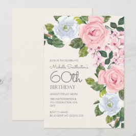 Convite Rosa Pastel Branco Floral Aniversário de 60 anos d