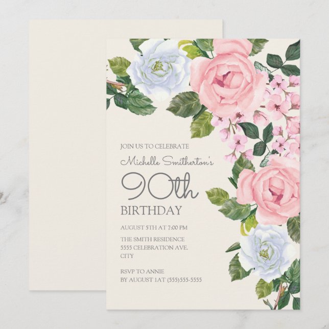 Convite Rosa Pastel Branco Floral Aniversário de 90 anos d (Frente/Verso)