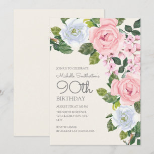 Convite Rosa Pastel Branco Floral Aniversário de 90 anos d