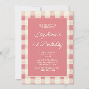 Convite Rosa Pastel Creme Gingham de Linho Aniversário de