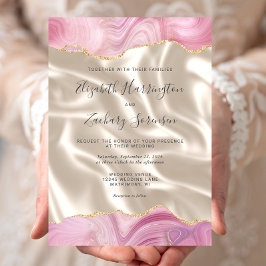 Convite Rosa Pastel Dourado Ágata Marfim Seda Casamento