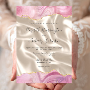 Convite Rosa Pastel Dourado Ágata Marfim Seda Casamento