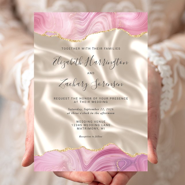 Convite Rosa Pastel Dourado Ágata Marfim Seda Casamento (Criador carregado)