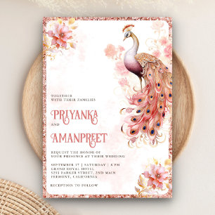Convite Rosa Pastel Dourado Floral Índia Pavão Casamento