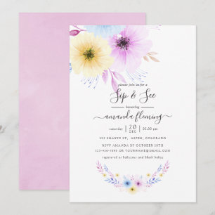 Convite Rosa Pastel e Floral Azul Sip e See