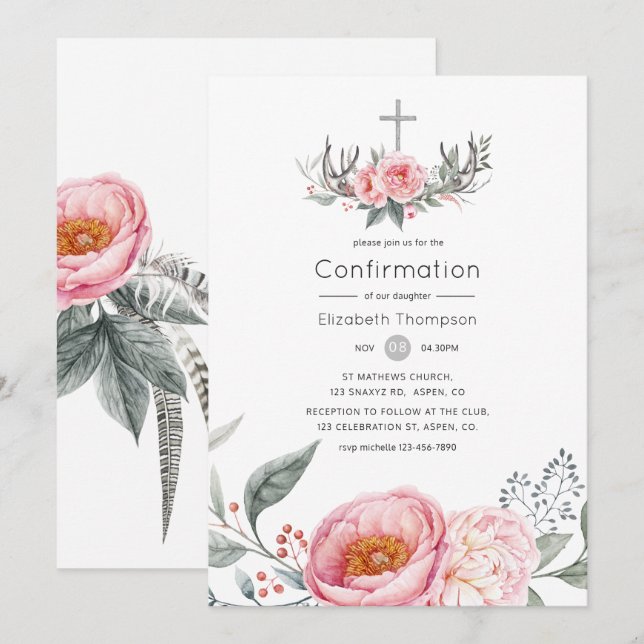 Convite Rosa Pastel e Floral Boho Cinza Confirmação (Frente/Verso)