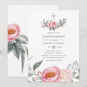 Convite Rosa Pastel e Floral Boho Cinza Confirmação
