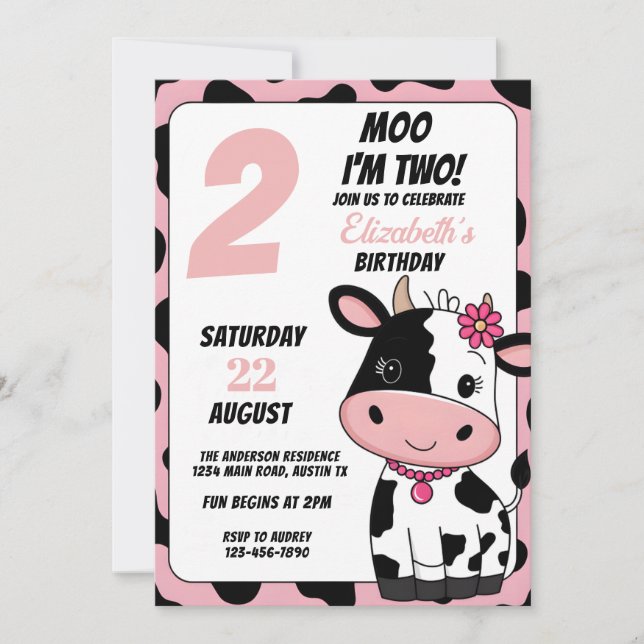 Convite Rosa Pastel e Vaca Moo Preta Aniversário de Qualqu (Frente)