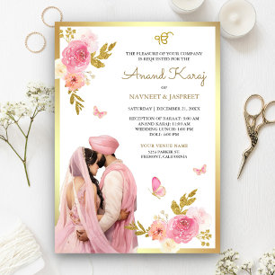Convite Rosa Pastel Floral Anand Karaj Casamento Sikh