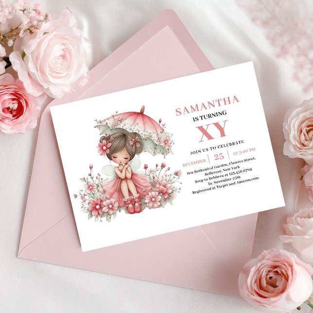 Convite Rosa Pastel para 5º Aniversário da Menina  (Cute Fairy Girl 5th Birthday Pastel Pink Invitation)