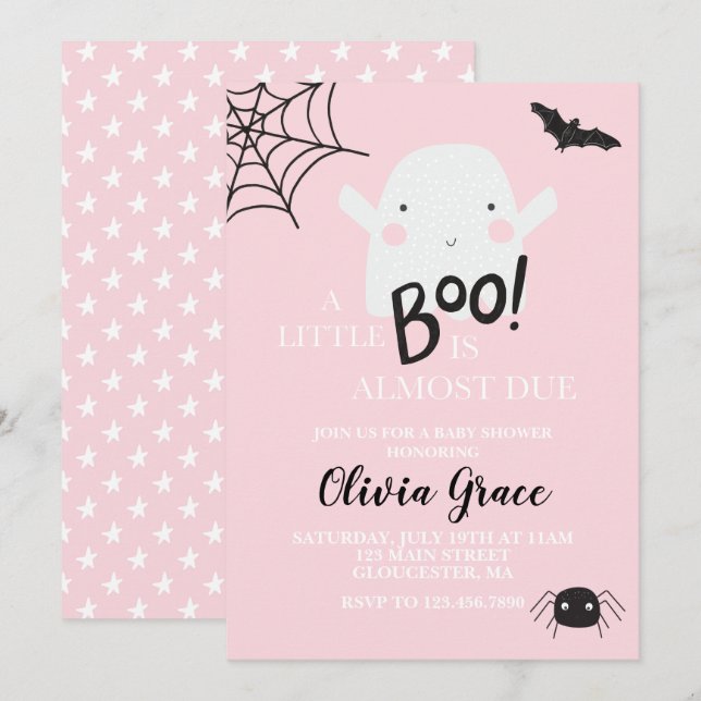 Convite Rosa Pequeno Fantasma Boo de Halloween par (Frente/Verso)