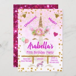 Convite Rosa Personalizado, Estrelas Douradas Unicorn Aniv