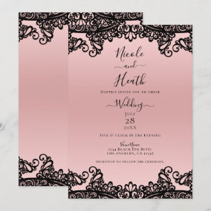 Convite Rosa Pêssego Preto Tinta Renda Elegante Casamento