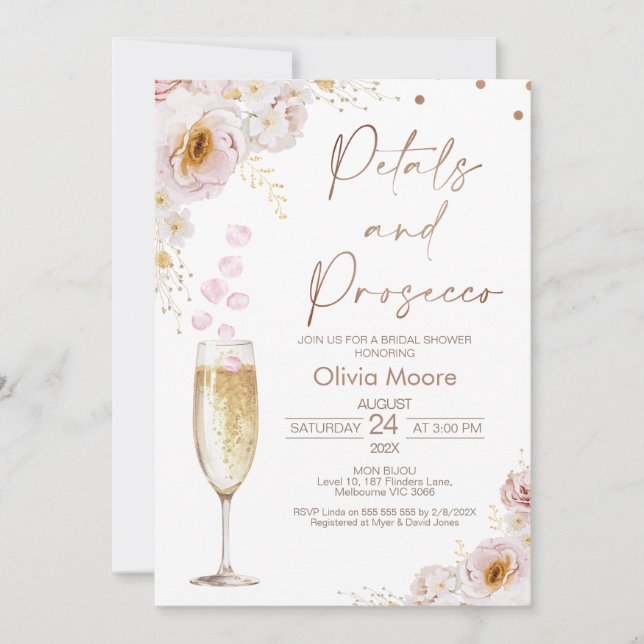Convite Rosa Petals Chá de panela Prosecco Boho (Frente)