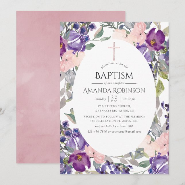 Convite Rosa Plum e Floral Baptismo ou Batizado (Frente/Verso)