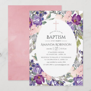 Convite Rosa Plum e Floral Baptismo ou Batizado