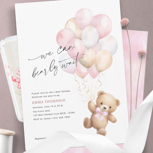 Convite Rosa Podemos Esperar Simples Chá De Menina (Pink We Can Bearly Wait, Cute Teddy Bear Baby Girl Shower Invitation.)
