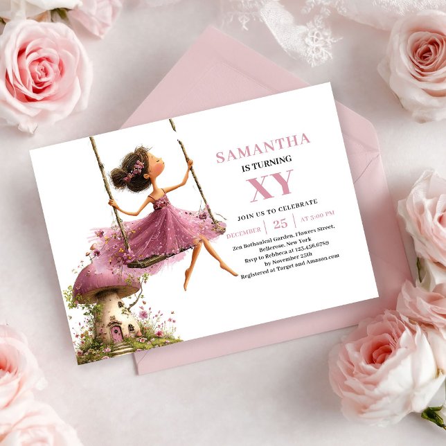 Convite Rosa Poeirento de Aniversário de Menina Fa (Cute Fairy Girl Birthday Dusty Pink invitation)