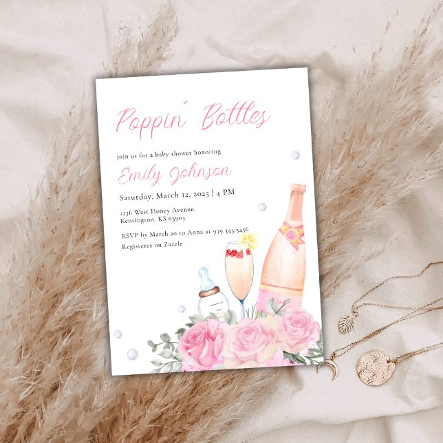 Convite Rosa Poppin Botles Champagne Chá de fraldas (Rose Poppin Bottles Champagne Girl Baby Shower Invitation)