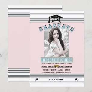 Convite Rosa Prata Azul Festa de Formatura com Foto Elegan