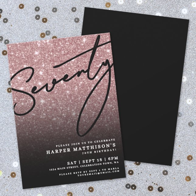 Convite Rosa Preta Dourada Aniversário de 70 anos (Black Rose Gold Seventy 70th Birthday Invitation )