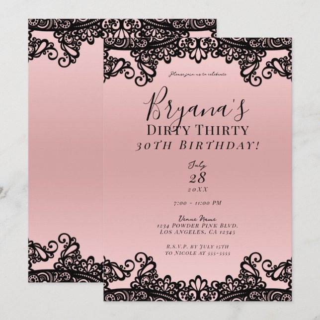 Convite Rosa Preto com Renda de Pêssego Suja 30 30º Aniver (Frente/Verso)
