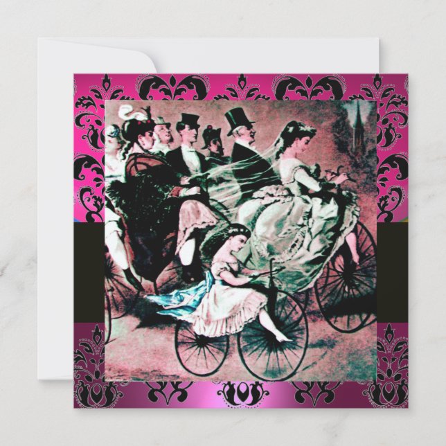 Convite ROSA, PRETO, DAMASCO ROXO MONOGRAMA , branco, fúcs (Frente)